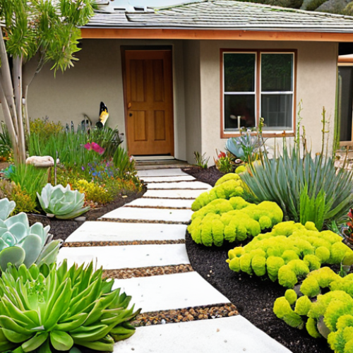 Home 4 **Image Prompt:** A vibrant, eco-friendly backyard garden in California showcasing a mix of native wildflowers, succulents, and drought-tolerant grasses. Butterflies and bees are flitting around the flowers. A winding pathway made of permeable pavers leads to a small pond with frogs and dragonflies. In the background, a modern house has a green roof covered in sedum plants. Drip irrigation lines are subtly visible amongst the plants. Focus on showcasing biodiversity and water conservation. Style: Naturalistic, bright, and inviting, with a slightly elevated perspective.