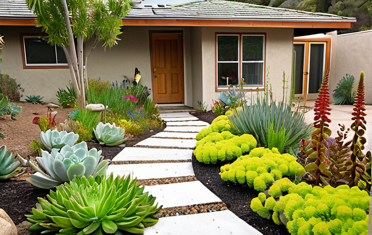 **Image Prompt:** A vibrant, eco-friendly backyard garden in California showcasing a mix of native wildflowers, succulents, and drought-tolerant grasses. Butterflies and bees are flitting around the flowers. A winding pathway made of permeable pavers leads to a small pond with frogs and dragonflies. In the background, a modern house has a green roof covered in sedum plants. Drip irrigation lines are subtly visible amongst the plants. Focus on showcasing biodiversity and water conservation. Style: Naturalistic, bright, and inviting, with a slightly elevated perspective.