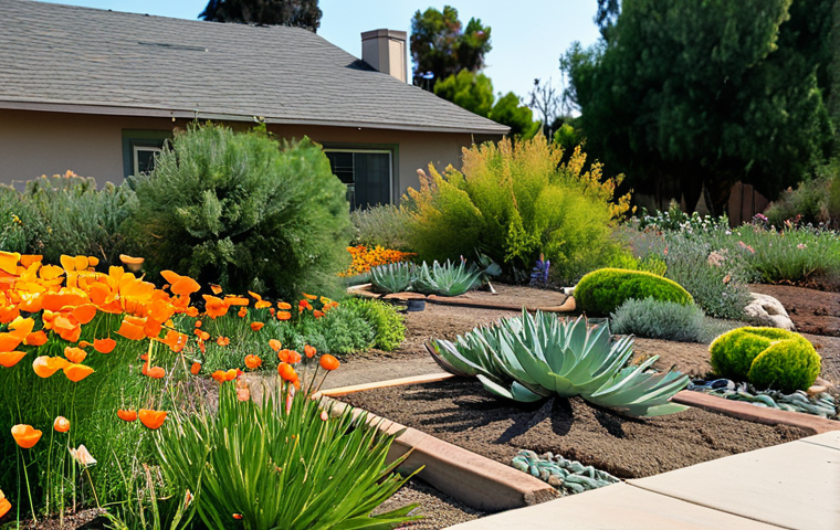 조경 설계에서 자연 요소 활용법 - **Image Prompt:** A lush, vibrant native plant garden, fully clothed. California poppies, succulents...