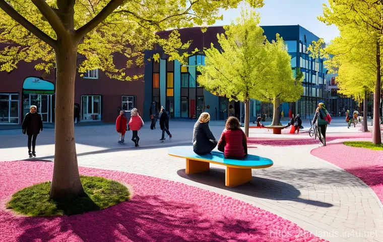 조경 관련 해외 사례 연구 - **Urban Green Street with Stormwater Solutions:** A modern, bustling city streetscape transformed by...