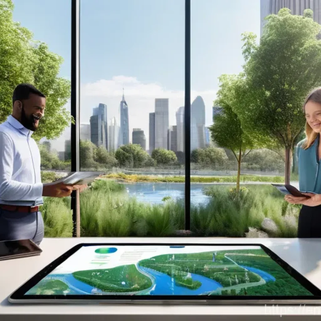 조경 면접 질문과 답변 준비 - **Sustainable Urban Oasis Presentation**: A dynamic, diverse group of landscape architects, wearing ...