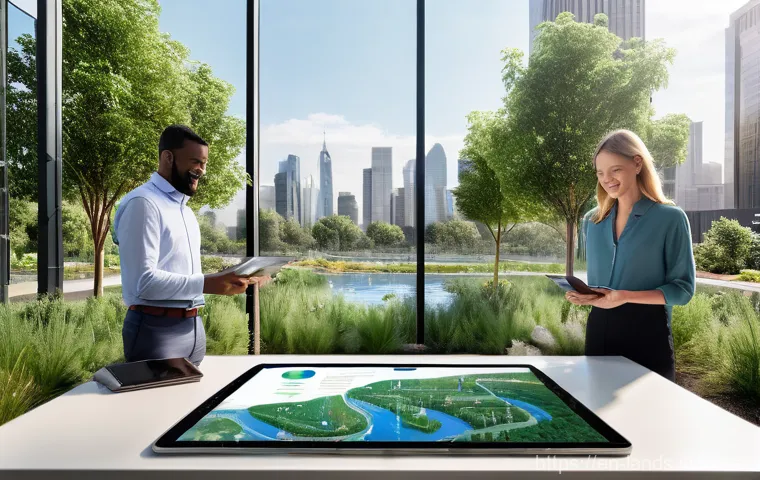 조경 면접 질문과 답변 준비 - **Sustainable Urban Oasis Presentation**: A dynamic, diverse group of landscape architects, wearing ...