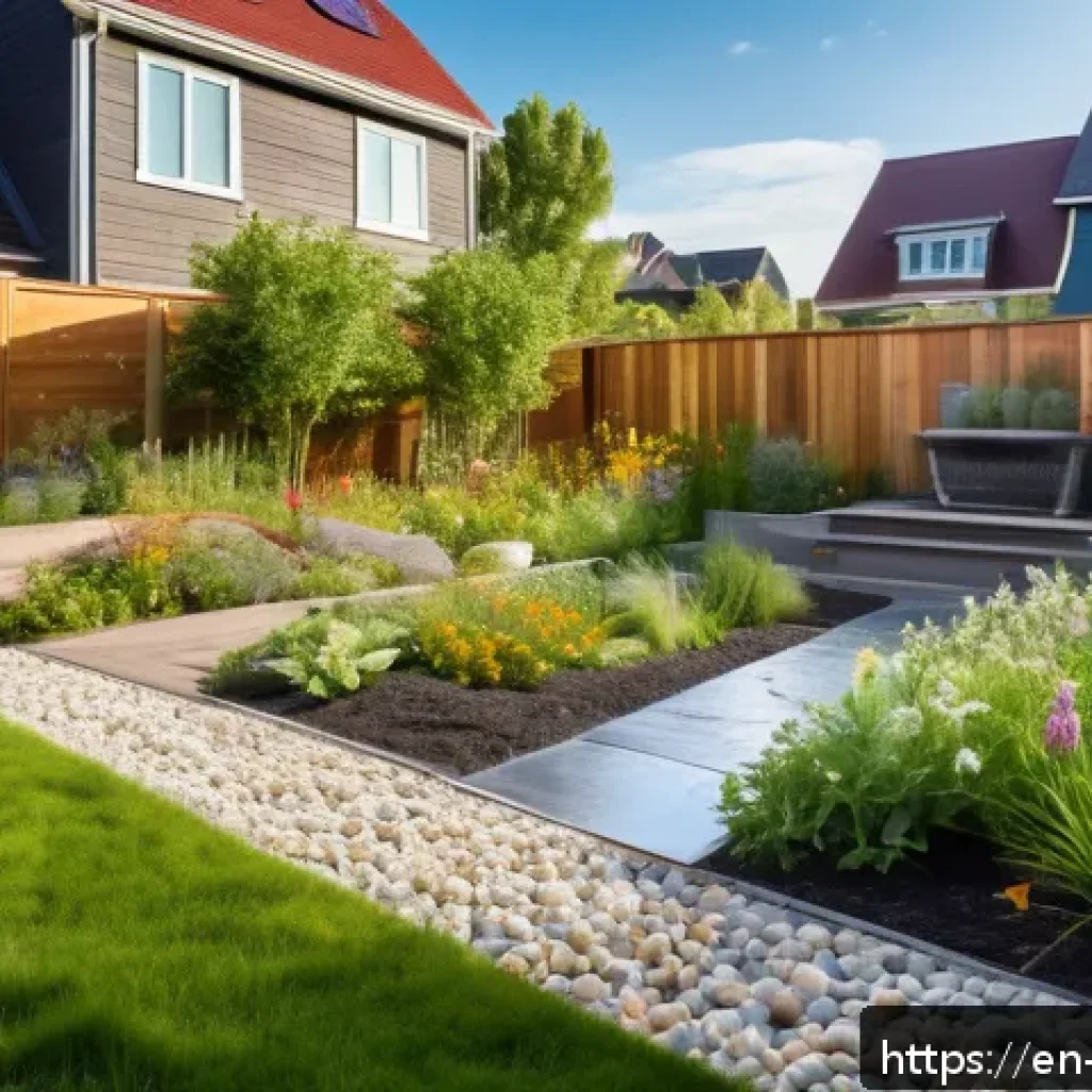 조경 프로젝트와 환경 법규 준수 - A serene residential backyard landscape featuring a rain garden filled with native wildflowers and s...