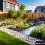 Home 22 조경 프로젝트와 환경 법규 준수 - A serene residential backyard landscape featuring a rain garden filled with native wildflowers and s...