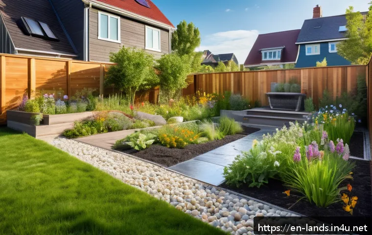 조경 프로젝트와 환경 법규 준수 - A serene residential backyard landscape featuring a rain garden filled with native wildflowers and s...