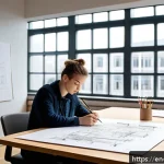 Home 19 조경 기사 자격증 실기에서 실패 원인 분석 - A detailed scene of a landscape architecture student sitting at a large drafting table in a bright, ...
