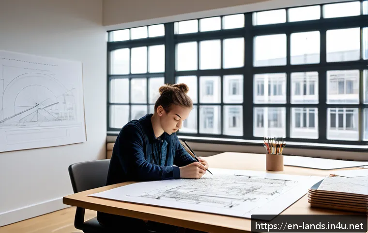 조경 기사 자격증 실기에서 실패 원인 분석 - A detailed scene of a landscape architecture student sitting at a large drafting table in a bright, ...