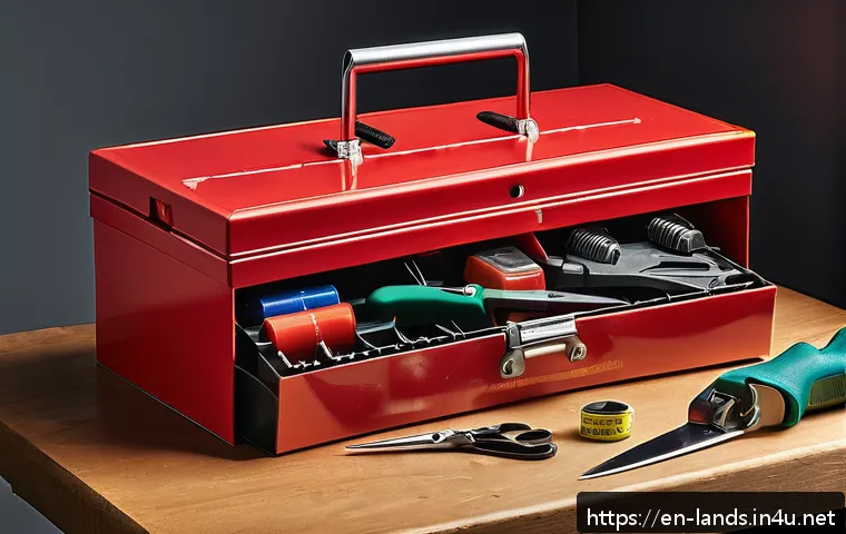 조경 기사 실기 작업형 도구 관리 - A highly detailed, well-organized landscape technician&rsquo;s toolbox opened on a wooden workbench, showc...
