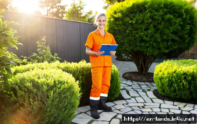 조경 직업의 장단점 - Photorealistic landscaping professional in clean work clothes and safety boots, standing in a bright...