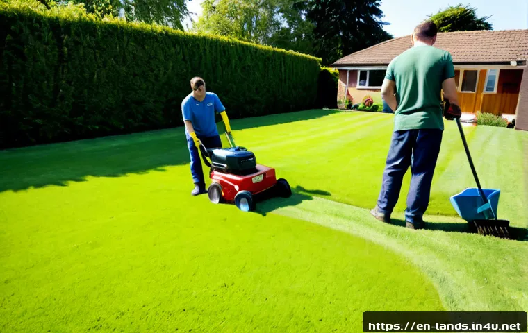 조경 업무 중 발생하는 일반적 문제와 해결책 - Photorealistic suburban backyard landscaping problem-solving scene, a professional gardener in pract...