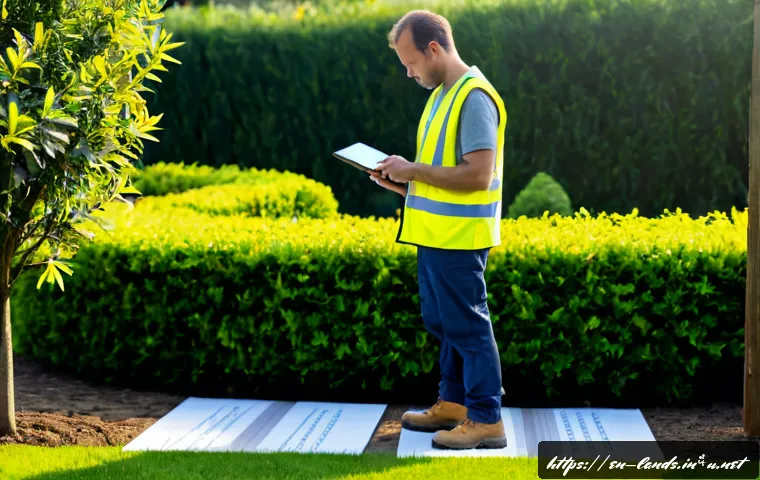 조경 프로젝트에서의 시간 관리 기술 - Photorealistic landscape project manager in a clean outdoor garden renovation site, wearing safety v...