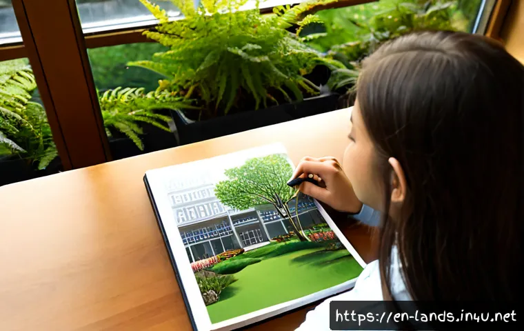 조경 학과 학생들의 추천 도서 - Photorealistic university landscape architecture student in a bright campus library, seated at a cle...