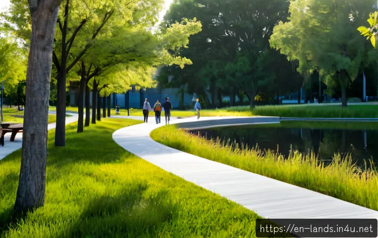 Home 17 조경 프로젝트 사례 도시 공원 설계 - Photorealistic wide-angle view of a thoughtfully designed contemporary urban public park in a North ...